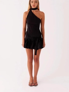 Slim-fit black one-shoulder mini dress with neck strap and elegant waist tie detailing