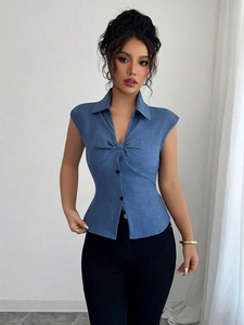 Women slim fit blue button-up top with lapel and knotted bow detail for daily wear