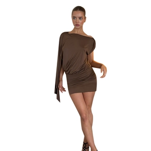 Detail of brown one-shoulder asymmetric mini dress with elegant draping and slim fit
