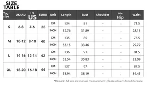 Tableau des tailles pour robe longue élégante licou de S à XL en CM et pouces