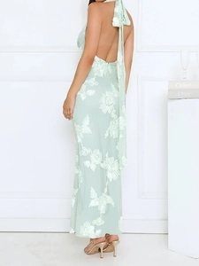 Detail view of the elegant open back and halter neckline on a floral maxi dress
