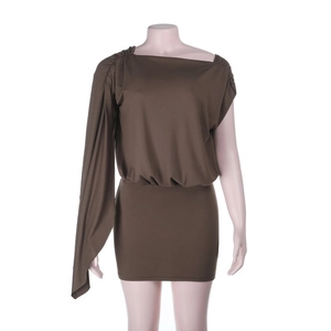 Detail of brown one-shoulder dress with elegant long draped sleeve and elastic waist