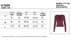 Size chart for slim fit off-shoulder long sleeve top with detailed measurements in cm