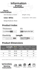 Detailed size chart for white cotton shirt featuring measurements and washing instructions