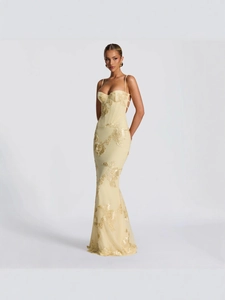 Women Elegant 3D Floral Embroidery Evening Dress Sexy Backless Strappy Slim Mermaid Maxi Gown For Wedding Banquet Party