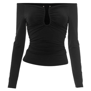 Detail of black off-the-shoulder slim fit top featuring a deep U-neckline and ruched detail