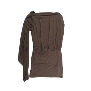 Detail of deep brown off-the-shoulder dress with draped sleeve and pleated texture