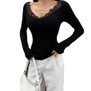Close-up of elegant V-neckline with delicate eyelash lace detailing on a black slim-fit top
