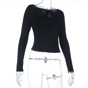 Detail of V-neckline with black lace trim and slim-fit long sleeves on base layer top