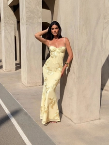 Slim fit pale yellow A-line dress with floral embroidery and delicate straps