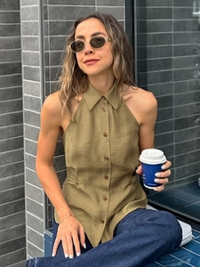 Sleeveless olive green halter top with lapel collar and button-up front for women