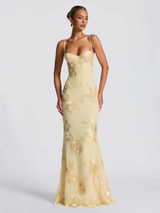 Elegant champagne backless A-line dress with floral embroidery and sequins for women