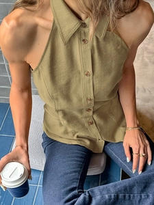 Slim fit grass green halter neck sleeveless top with collar and front buttons