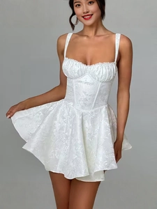 Robe Mini nuisette Blanche en Jacquard pour Femme Sexy Bordure en Dentelle Ligne A Robe de Fête d'été Sans Manches Bustier