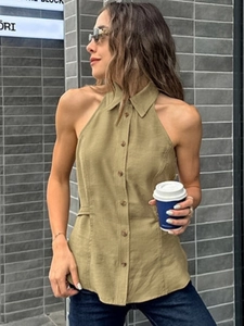 Slim fit olive green halter neck button-up shirt with collar for summer streetwear