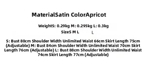 Size chart for apricot satin mini dress showing bust, waist, and length measurements