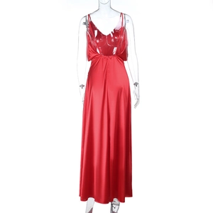 Detailed back view of a red satin A-line dress with thin straps and a hidden zipper