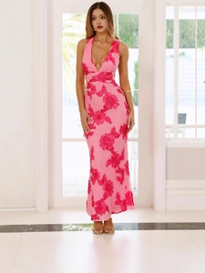 Elegant 3D Floral Embroidery Halter Maxi Dress Women Sexy Deep V-Neck Backless Slim Fit Formal Evening Party Long Dress