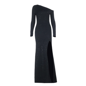 Detail of black one-shoulder sequin dress with high slit and sparkling starry texture