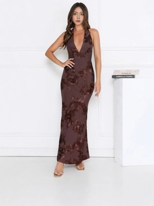 Deep V-neck halter maxi dress with 3D floral embroidery and slim waist in plum purple