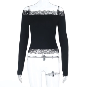 Detail of long sleeve off-shoulder top with floral lace trim and knit fabric texture