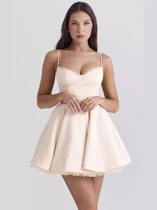 Sweet ballet-style cream bustier A-line mini dress with corset waist and thin straps