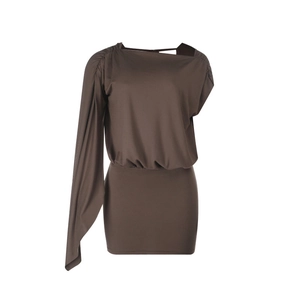 Detail of coffee brown one-shoulder knit dress with elegant side sleeve ruching