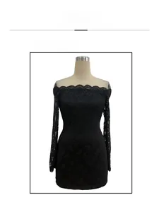 Front view detail of a slim fit black lace off-shoulder long sleeve mini dress