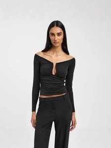 Sexy Off-the-Shoulder Long Sleeve T-Shirt Women Ruched U-Neck Cutout Slim Fit Crop Top Solid Color Polyester Tee Shirt