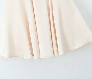 Detailed view of the mesh inner lining and pleated hem on this light beige A-line dress