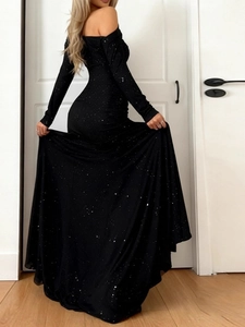 Elegant off-the-shoulder black evening gown with sparkling sequins and long sleeves