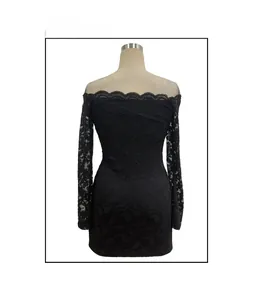 Detail view of the back of a black lace off-shoulder slim fit mini dress for women