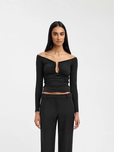 Sexy off-shoulder black slim-fit long sleeve t-shirt with a unique deep u-shaped cutout
