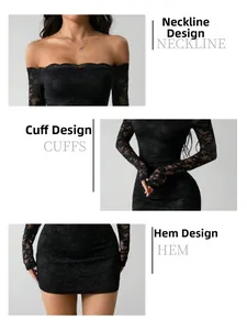 Close-up detail of off-the-shoulder lace neckline and floral embroidery texture on black dress