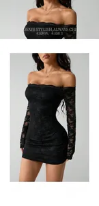 Detailed view of the off-the-shoulder eyelash lace neckline and sheer long floral sleeves