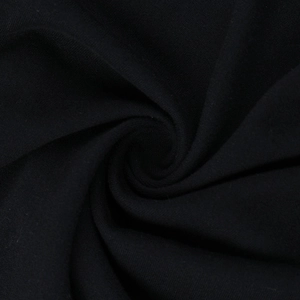 Close-up of black knitted fabric texture showing fine weave and soft drape of the dress