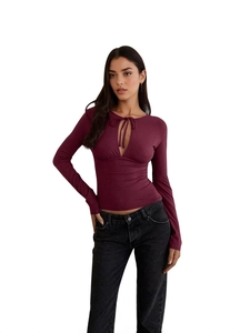 Slim fit off-shoulder long sleeve T-shirt in burgundy with lace-up hollow neckline