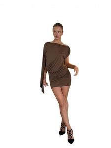 Chic brown asymmetric mini dress with pleated detail and one-shoulder batwing sleeve