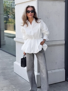 Women Elegant Pure Cotton White Long Sleeve Shirt Peplum Smocked Waist Lapel Collar Slim Fit Blouse Office Lady Casual Top