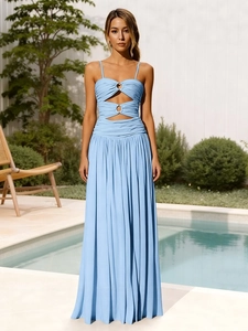 Robe Longue Sexy pour Femmes avec Ajouré Fines Bretelles Anneau Métallique Froncé Plissé Dos Nu Vacances à la Plage Été