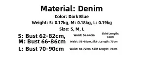 Size chart for French style slim high waist denim dress with detailed measurements
