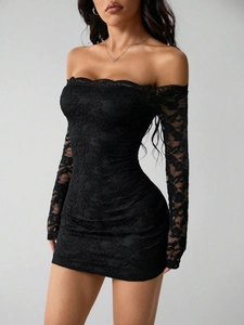 Women Sexy Off Shoulder Lace Bodycon Mini Dress Long Sleeve Slim Fit Floral Pattern Elegant Black Party Evening Dress
