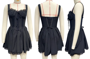Detailed views of black lace mini dress with ribbon bow and adjustable back corset lacing