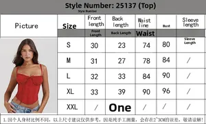 Size chart showing S to XL dimensions for the red lace-up corset top for women
