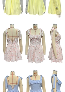 Detail shots of floral sundresses featuring lace-up back and ruffled square neckline