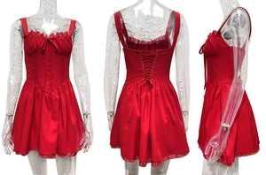 Three-way view of a red satin corset dress with lace trim and bow detail on a mannequin