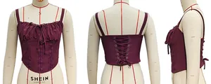 Detailed views of the burgundy lace patchwork corset top with adjustable back lacing