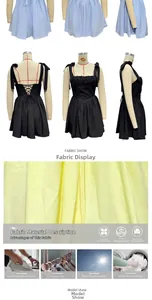 Detail view of square neck summer dress with bow straps, back lacing and fabric care info