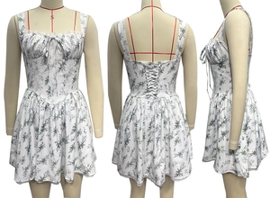 Detail of white floral sundress featuring lace-up back and ruffled bodice design