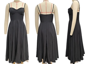 Vues multiples d'une robe bustier noire avec nœud et corsage structuré élégant